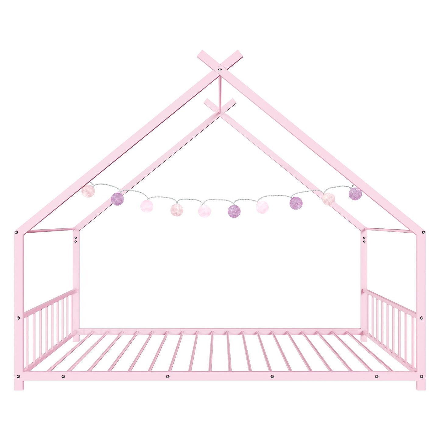 Ynredee Twin Wood House Bed,Floor Bed with Wood Slats,Metal Canopy Frame,Platform Bed with Headboard & Footboard for Boys Girls Teens,No Box Spring Needed (Pink)