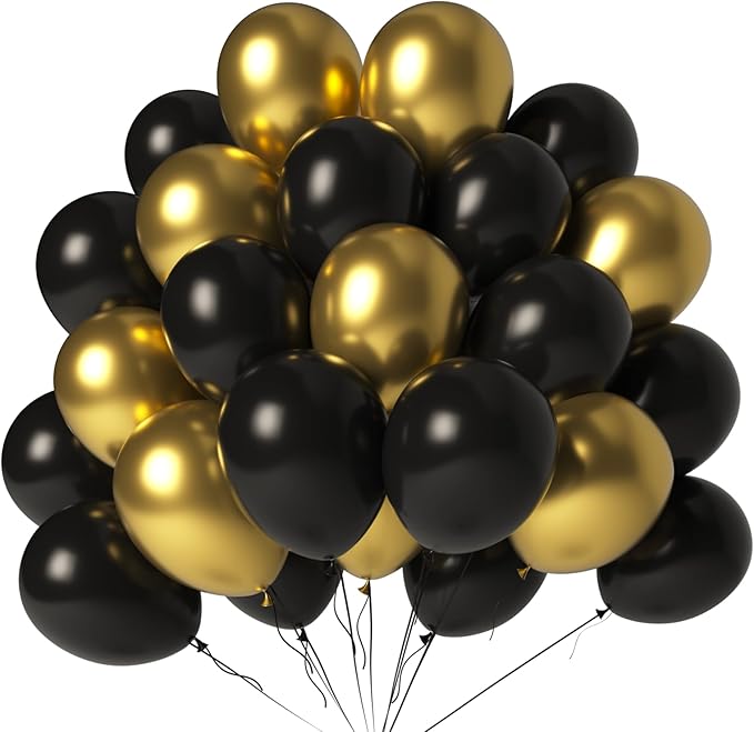 LYNSP Black and Gold Balloons 100 Pack 12 Inch Metallic Chrome Black Gold Latex Helium Balloons for Birthday Wedding Chris...