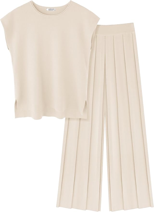 Ekouaer Lounge Sets for Women Two Piece Outfits Knit Cap Sleeve Tops Wide Leg Pleated Pants Casual Dressy Sweater Sets