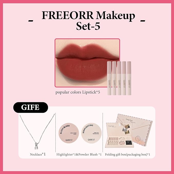 Christmas Gift for Women, 8 Pcs Gift Box Set Include Matte Lipstick, Blush, Highlighter and Necklace, Easy to Create Different Makeups, Birthday，Valentine's Day Makeup Set Gift for Girls-05