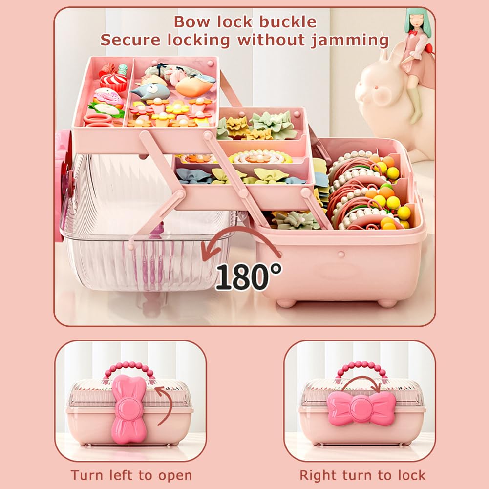 HMWQC Bow Shaped Hair Accessories Storage Box Lockable Three-layer Folding Craft Organizers and Storage for Girls Headbands Clips Ties Baby Girl Supplies, Pink, 16M81916H157E4V
