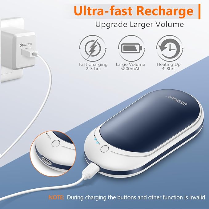 BESKAR Rechargeable Hand Warmer, 5200mAh Electric Handwarmers with Long Lasting Heating, Quick Charge and 3 Levels, Portable Pocket Hand Warmer for Outdoors, Camping, Golf, Raynauds