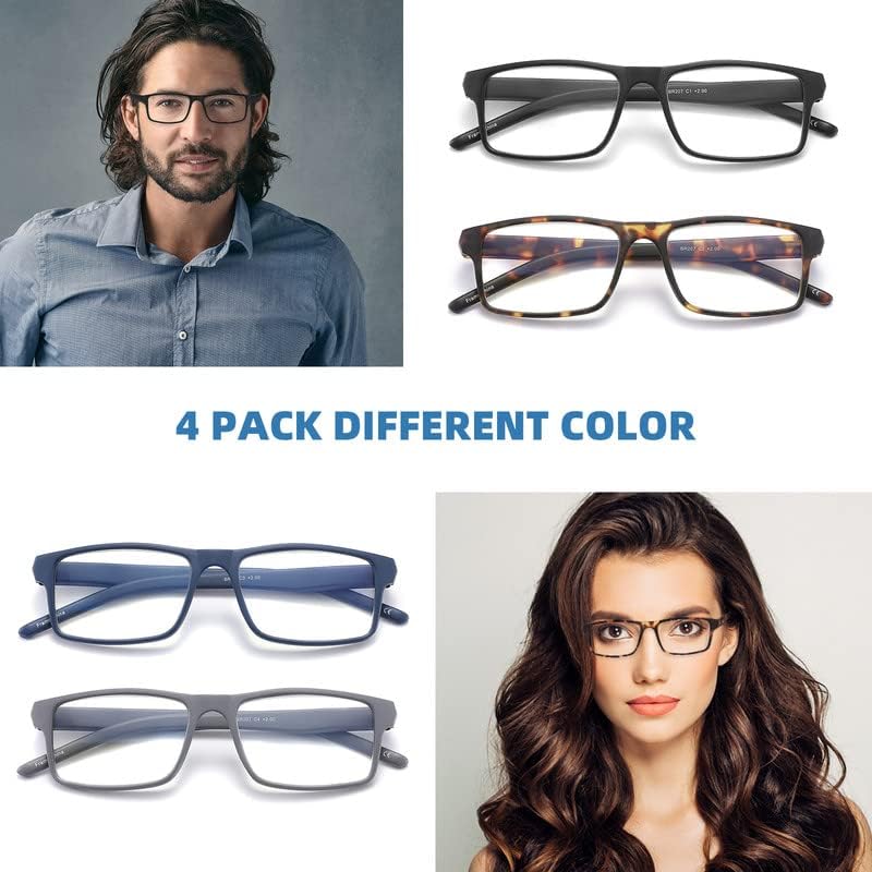 JAWSOCK 4 Pack Reading Glasses Blue Light Blocking for Men Women,Rectangular Frame Computer Readers with Spring Hinge,Read...