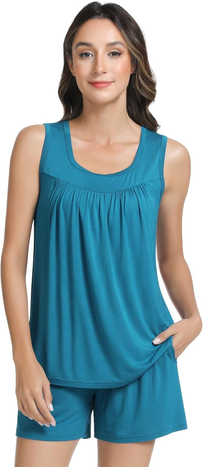 NACHILA Pajamas for Women-Viscose from Bamboo, Ribbed Racerback Tank Top Sexy Split Shorts Pajama Sets Cooling Sleep Cami Pjs
