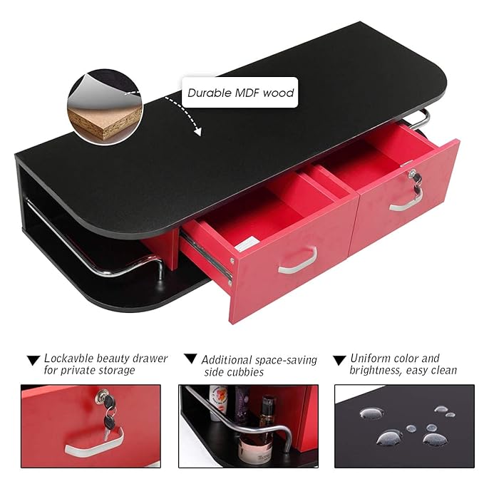 Multifunctional Wall-Mounted Beauty Station Salon Equipment with 2 Drawers, for Beauty Salon or SPA, Barber Shop, Home & Bathroom, Black and Red