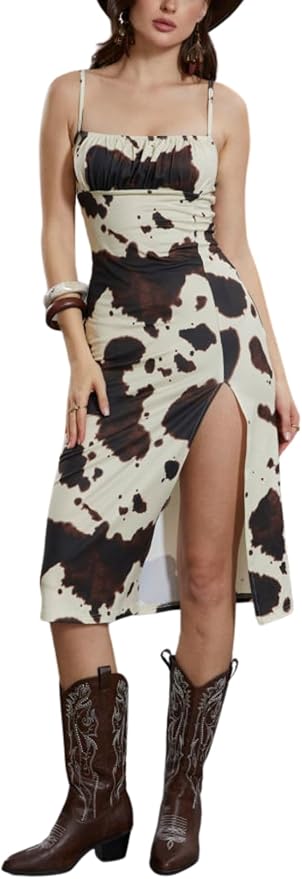 Verdusa Women's Cowgirl Dress Western Outfit Boho Bodycon Long Slit Thigh Cami Dresses