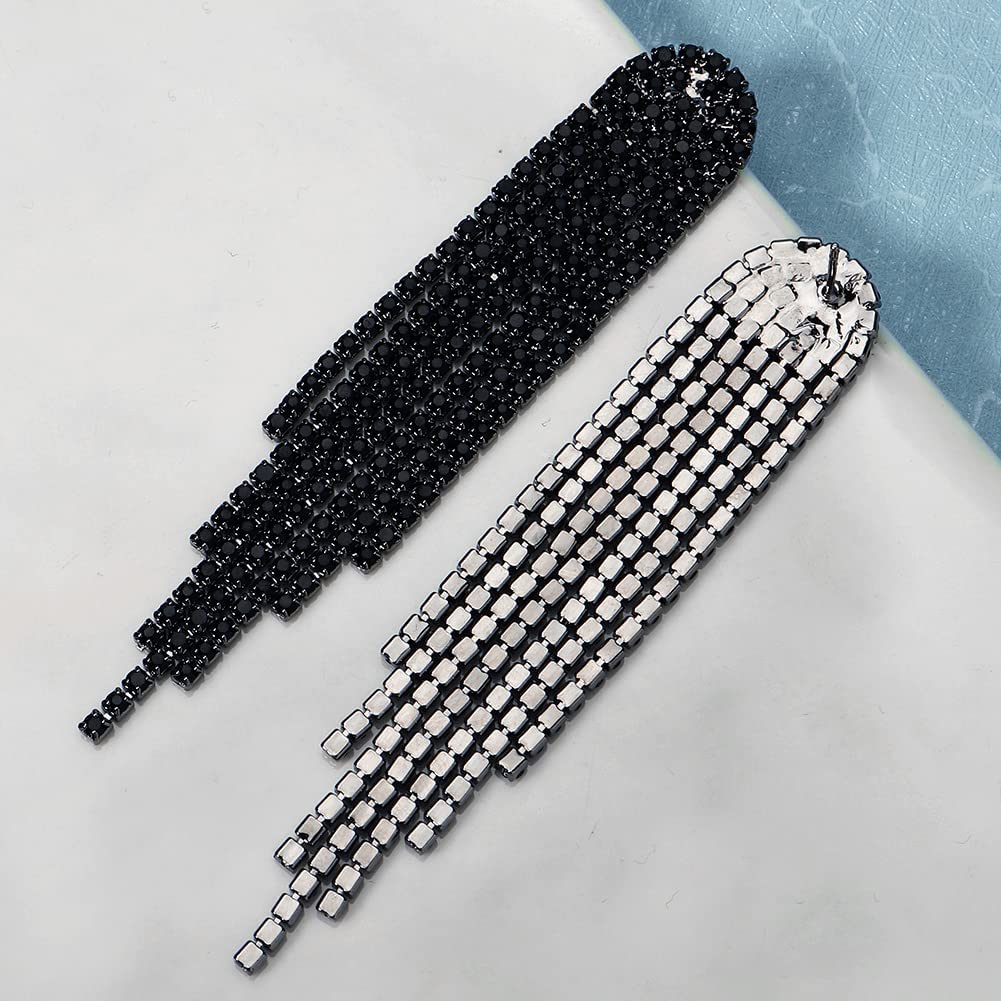 Mlouye Black Dangle Earrings for Women Rhinestone Earrings Dangling Long Tassel Fringe Crystal Drop Earring for Prom Party