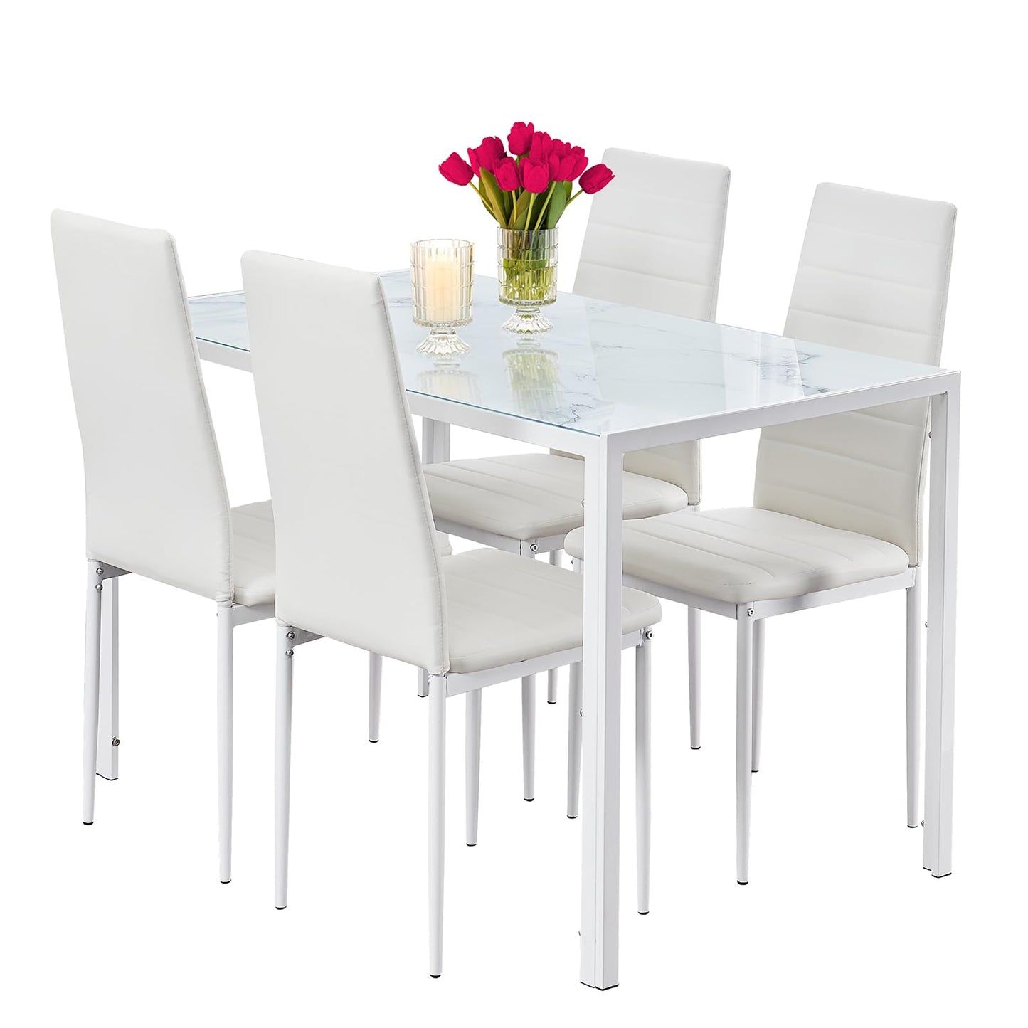 PEITAIKO 5 Pieces Glass Dining Table with Chairs Set for 4,Tempered Glass Table and PU Chairs Set Contemporary White Dining Room Set for Home Kitchen/Apartment and Restaurant