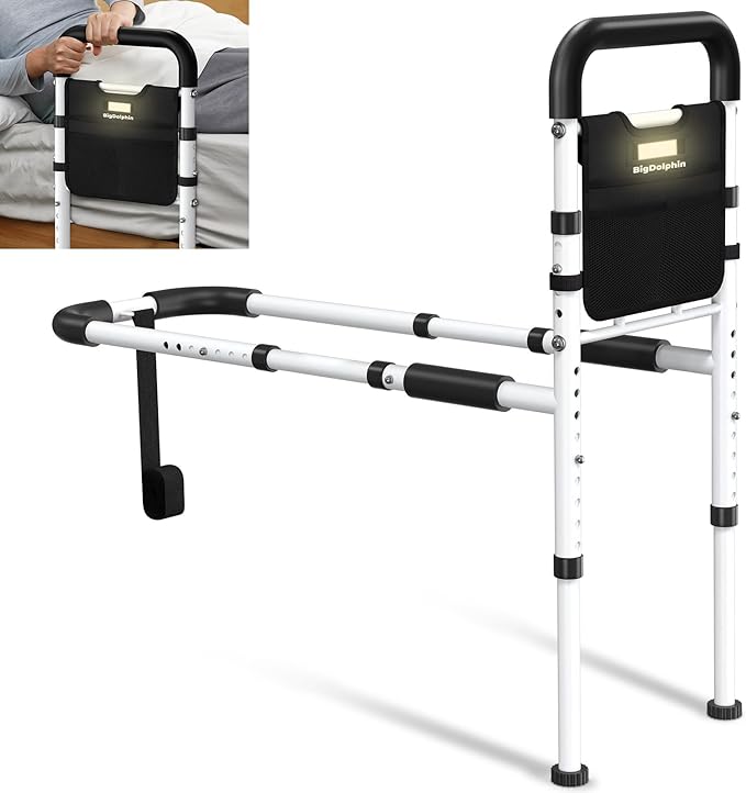 BigDolphin Bed Rails - ASTM Approved Adjustable Bed Cane with Motion Sensor Light, Non-Slip Ergonomic Handle & Storage Poc...