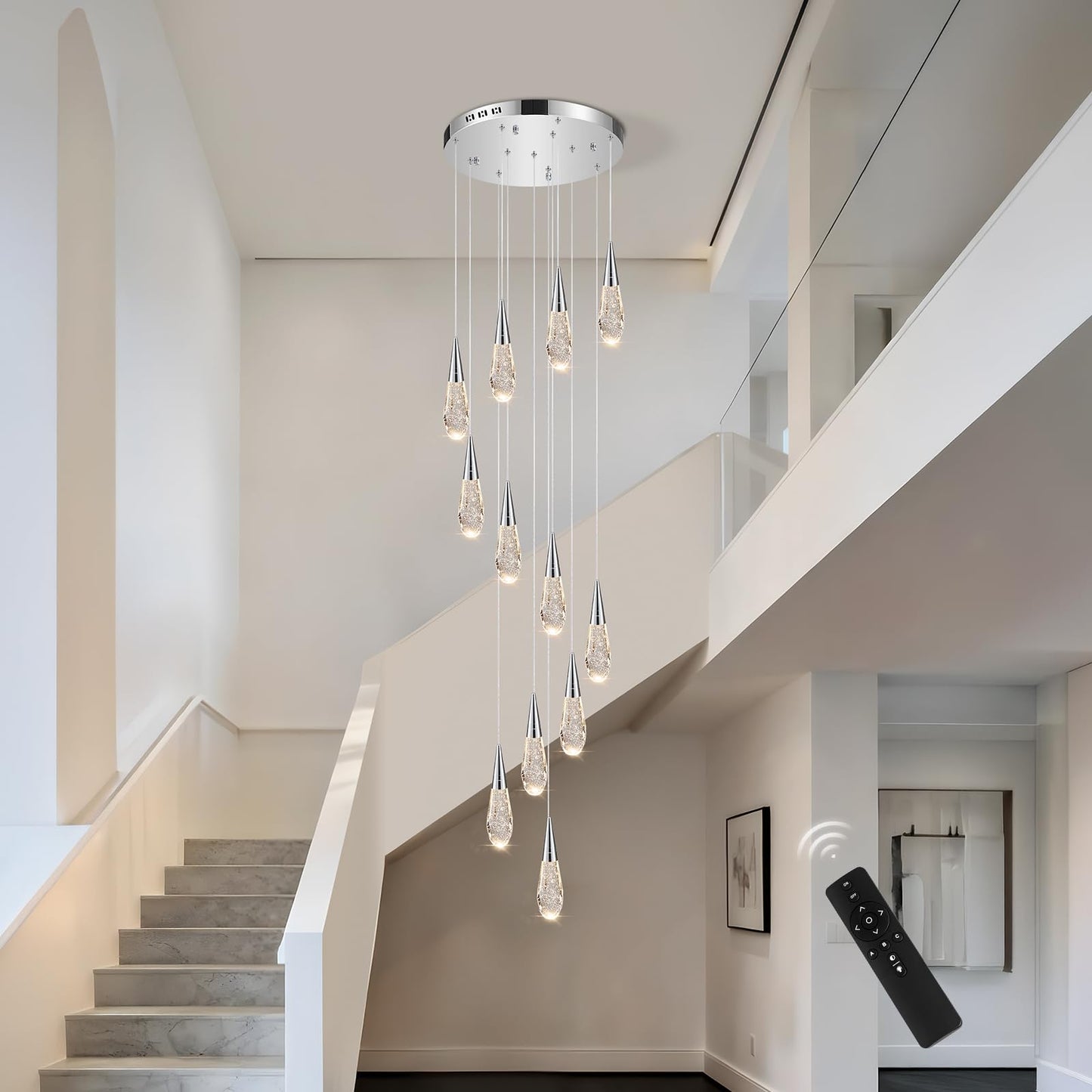 BaiZhou 12-Light Modern Crystal Chandeliers 3-Way Dimmable Long Pendant High Ceiling Bubble Raindrop Lighting Fixture for Staircase Foyer Entryway Bedroom Hallway Chrome