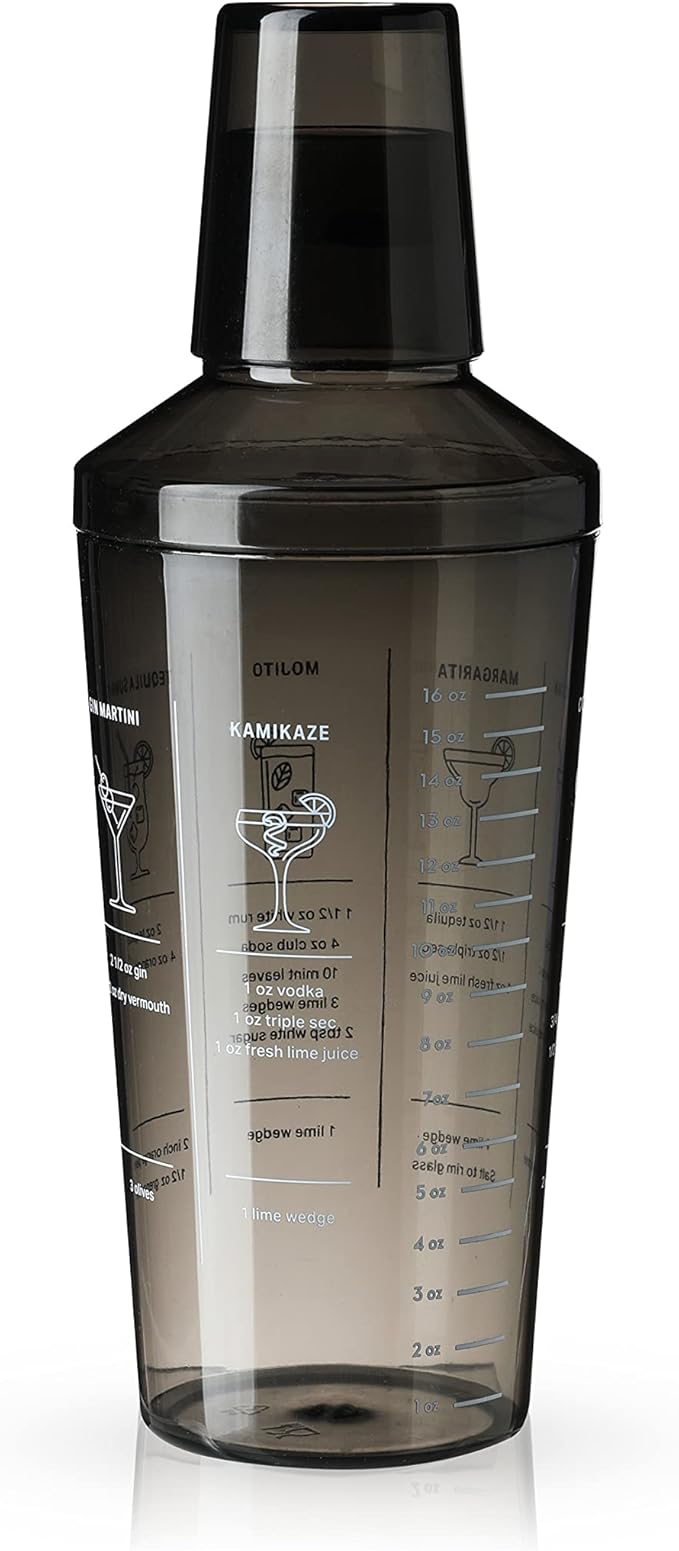 True Smoke Tinted Plastic Cocktail Shaker with Measurements for Cold Brew Cocktails, Margarita, Includes 6 Recipes, Espres...