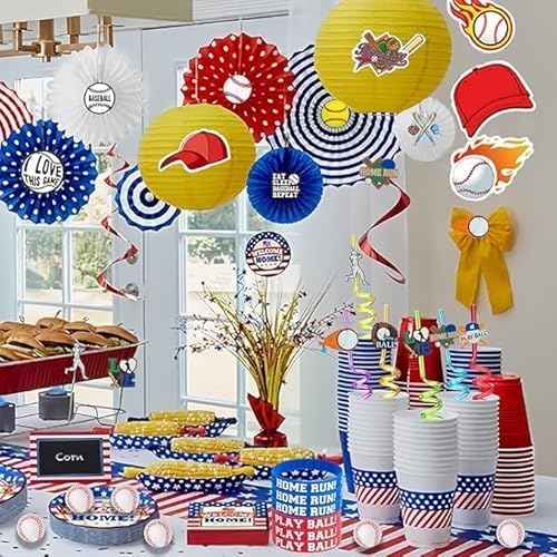 86PCS Baseball Party Favors Set Baseball Gifts Goodie Bags Including Silicone Baseball Bracelets Mini Baseball, Stickers,Pencil Caps Baseball Party Straw Suitable for Baseball Birthday Partys
