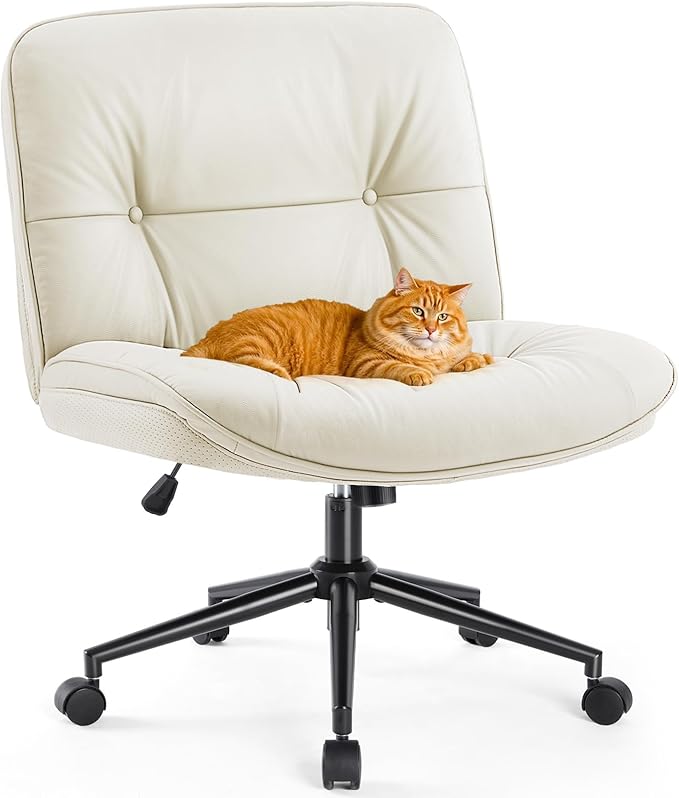 Sweetcrispy Criss Cross Chair with Wheels, Wide Seat PU Leather Armless Office Desk Vanity Chair, Comfortable Adjustable S...