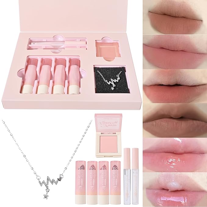 Makeup Set for Women, 8 Pcs Gift Box Set Include Matte Lipstick, Lip Oil, lip Lotion, Blush and Necklace, Easy to Match with Different Makeups, Christmas Makeup Set Gift for Girls-03