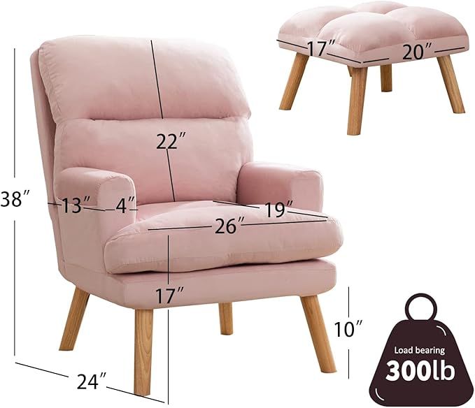 CANMOV Modern Accent Chair with Ottoman Set of 2, Soft Fabric Armchair with Adjustable Backrest and Side Pockets, Comfy Lounge Chair for Living Room, Bedroom, Apartment, Office, Pink
