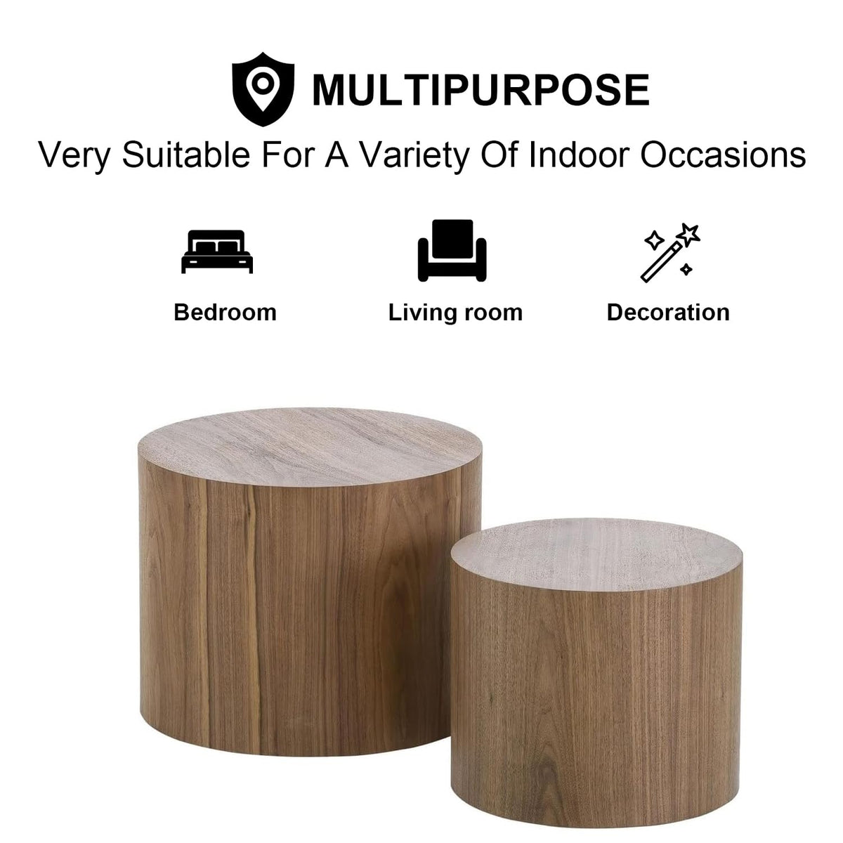 Nesting Coffee Table Set of 2, Modern Round Coffee Table with Non-Slip Feet, Walnut Wooden Circle Accent Tables for Small Spaces Living Room Bedroom Balcony Office Drum Side Table (Walnut)