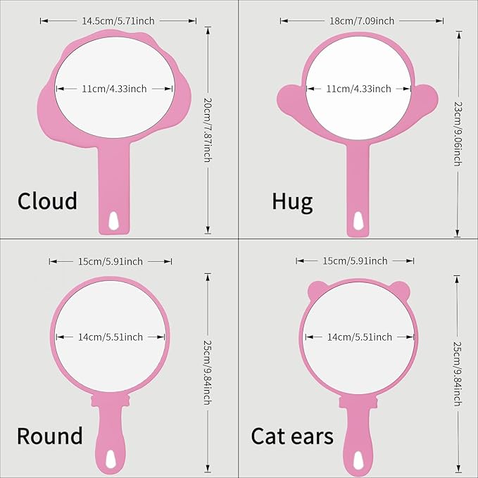 Compact Hand Mirror 2 Pcs – High-Definition Glass, Men or Women Salon Hairdressing Barber Hand Mirrors with Handle, Mini Mirror for Purse, Travel and Present (Pink, 5.91" L x 9.84" W (Cat Ears))