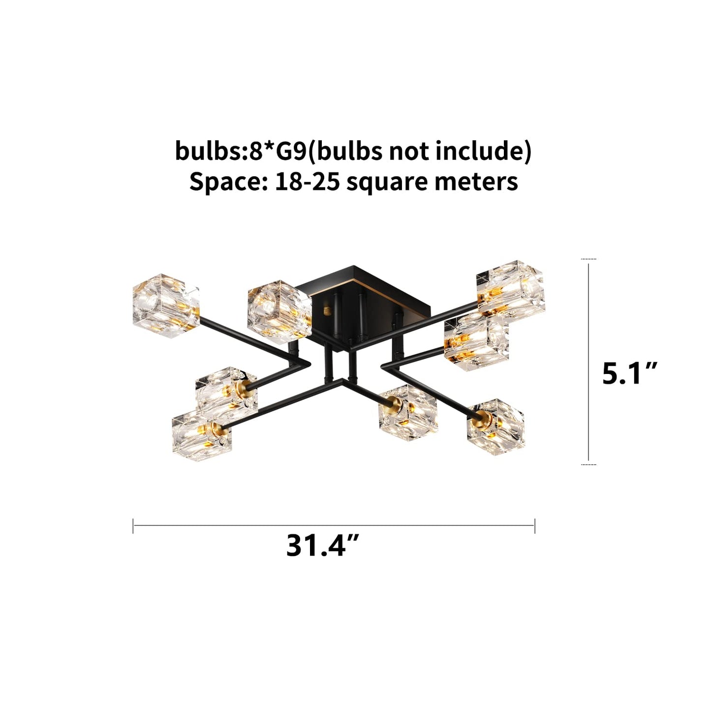 OKES 8-Lights Semi Flush Mount Ceiling Light Fixture,Black and Gold Modern Crystal Chandeliers,Farmhouse Lighting Fixtures for Dining Room Living Room Kitchen Bedroom Entryway