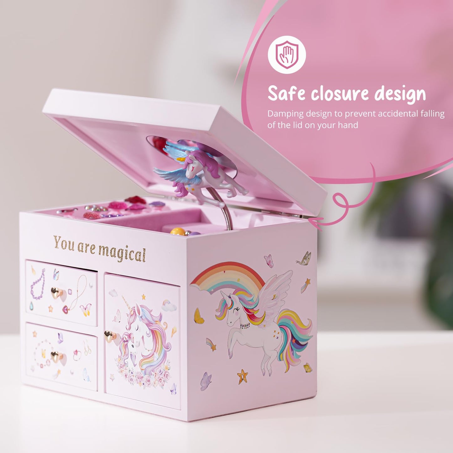 Lolalet Wooden Jewelry Box with Unicorn for Girls, Musical Children's Jewelry Organizer, Gift for Toddler Age 2 3 4 5 6 7 8 9 on Birthday -Pink
