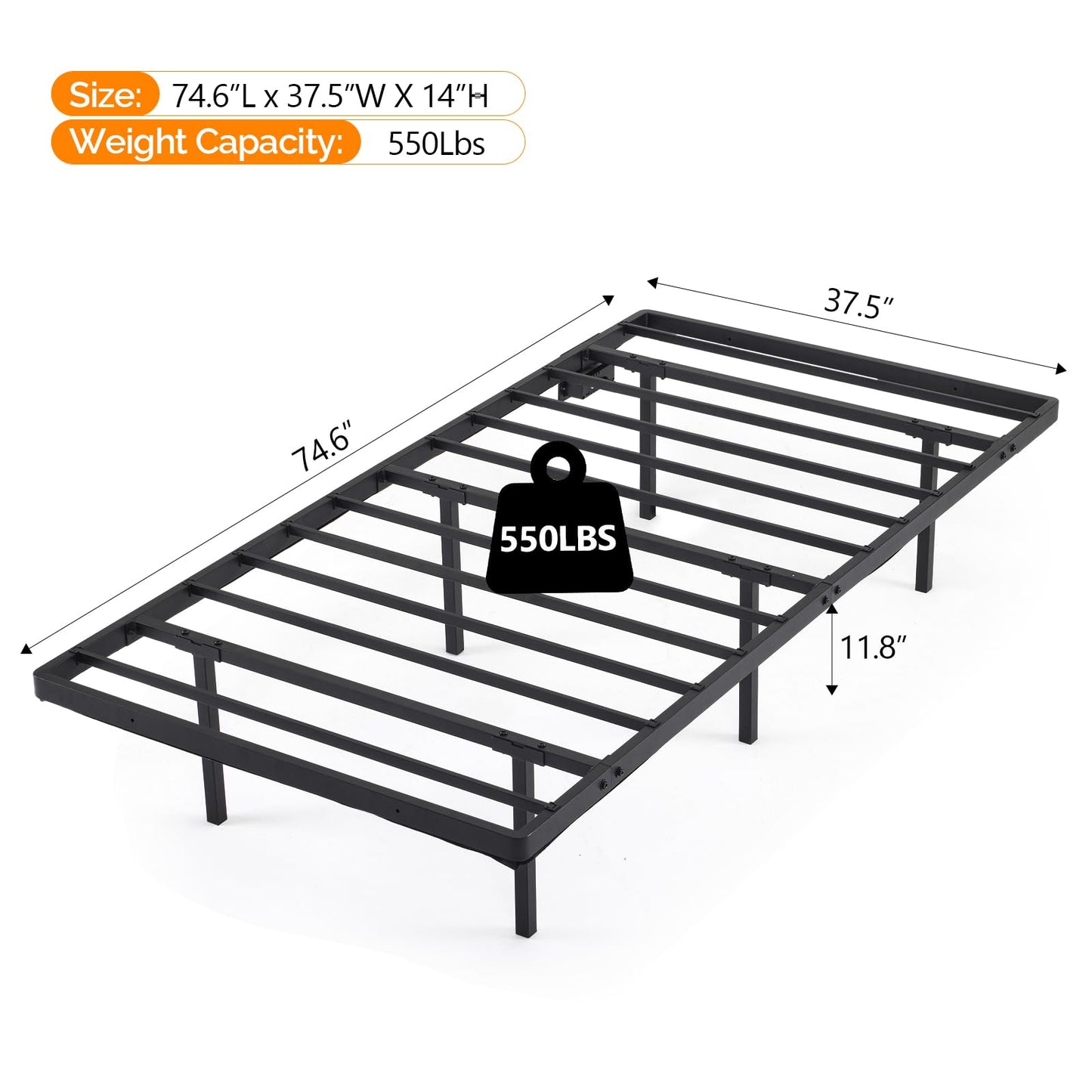 VINGLI Twin Floating Bed Frame with USB Charging Station/LED Lights, 14'' Platform Bed Frame Twin Size Heavy Duty Metal Bed, No Box Spring Needed,Black