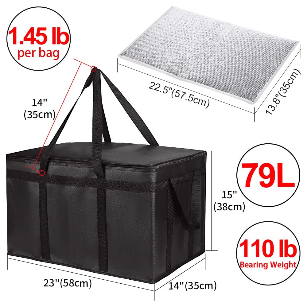 CIVJET 2-Pack Insulated Food Delivery Bag with Hard Bottom, XXX-Large Commercial Food Warmer, Insulated Reusable Grocery Cooler/Hot Bags, Tote Bag for Shopping/Travel, Black