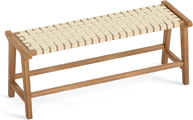 Tangkula Teak Wood Outdoor Bench, Patio Backless Wooden Dining Bench with Weave Seat, Solid Wood Legs, Indoor & Outdoor Wooden Bench for Porch, Backyard, Deck, Entryway (Natural,1)