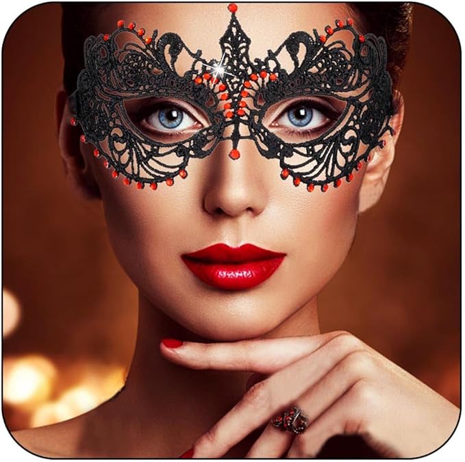 Flimire Masquerade Mask for Women Black Rhinestone Lace Mask Mardi Gras Costume Party Eye Mask