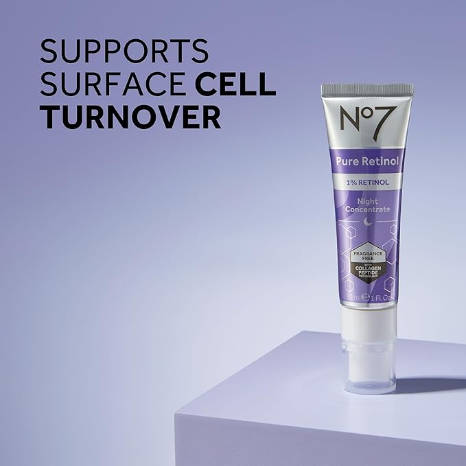 No7 Pure Retinol 1% Night Concentrate - Anti Wrinkle Retinol Serum with Collagen Peptides & Niacinamide for Younger Looking Skin - Firming Face Serum for Fine Lines & Wrinkles (30ml)