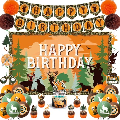 Holkcog Hunting Birthday Decorations, Hunting Deer Party Decorations, Camo Camping Picnic Hunting Birthday Banner Honeycom...