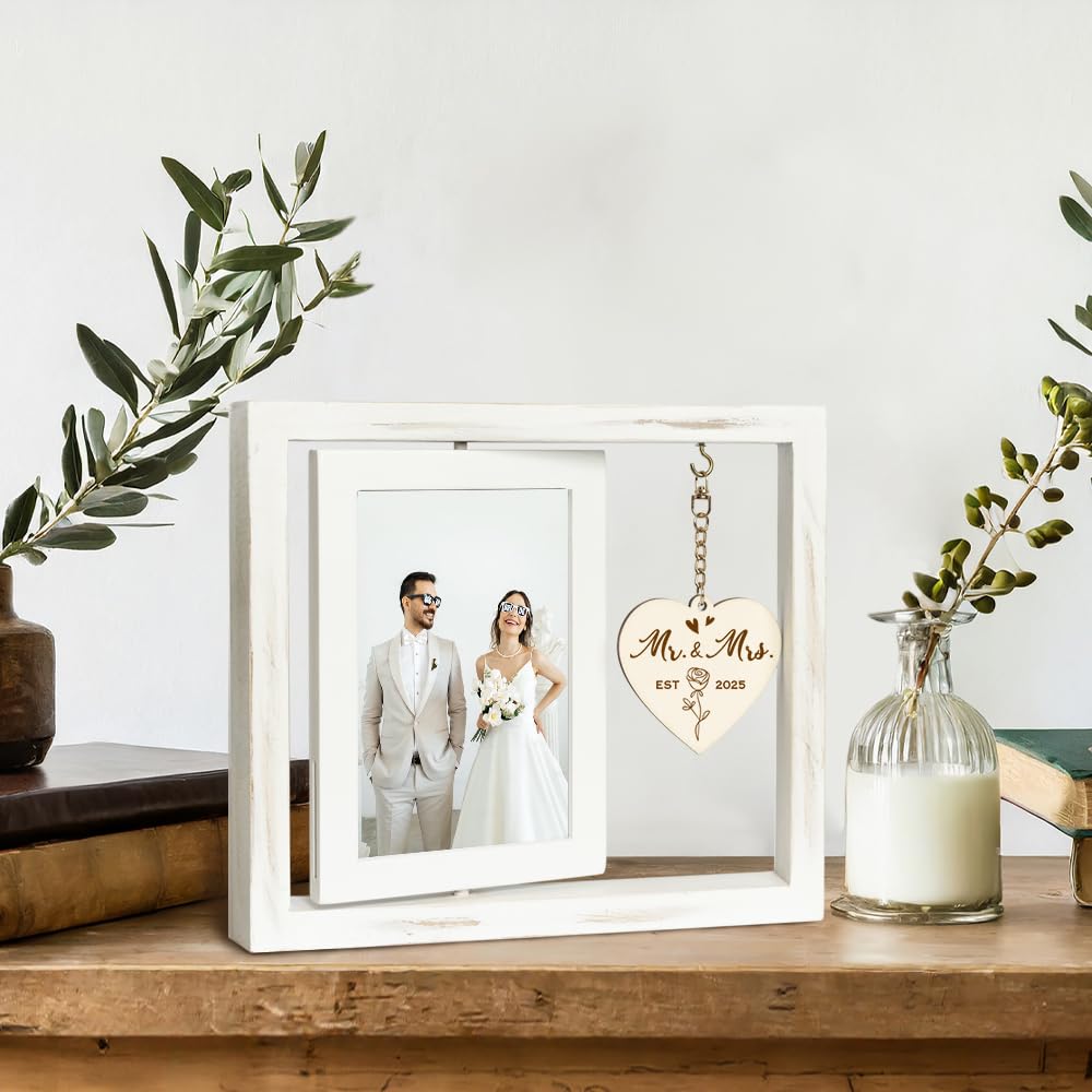 TiTkaiVi Rotating Wedding EST 2025 Picture Frame 4x6, Mr & Mrs Gifts, Bridal Shower & Engagement Gifts for Couples & Newlyweds