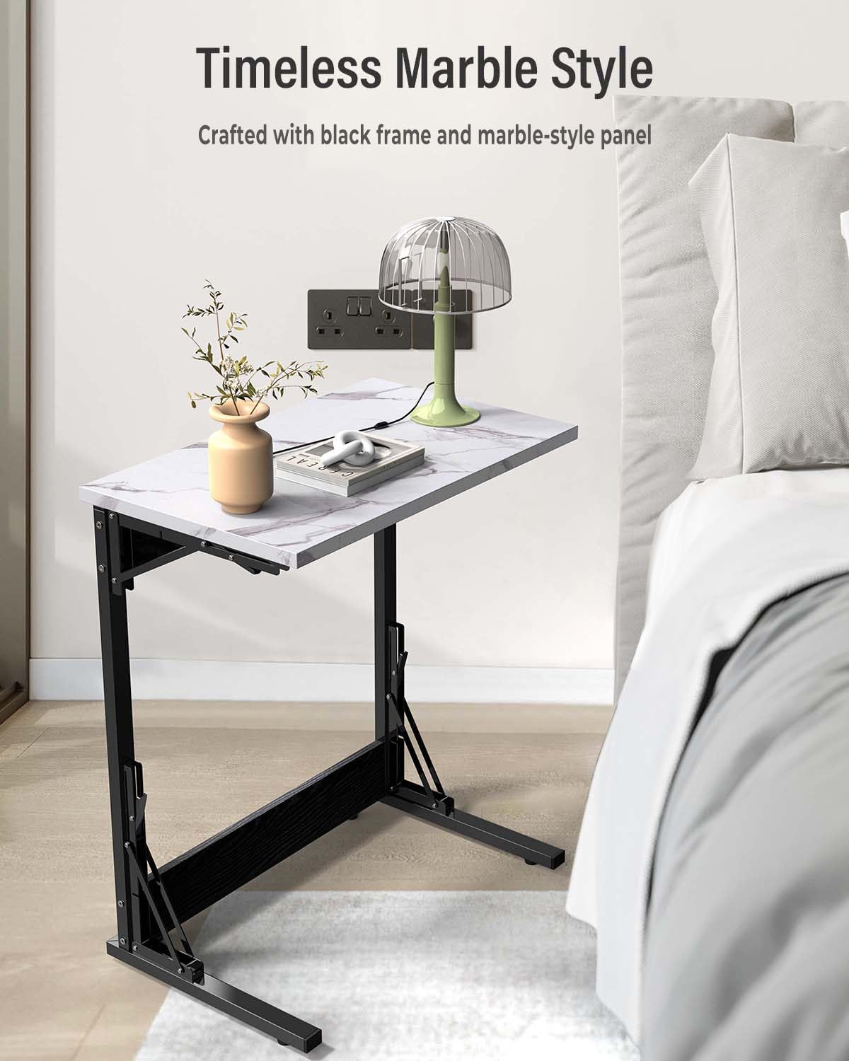 Tatub 24" Folding TV Tray Table, Marble C Shaped End Table for Couch, Small Sofa-Side Laptop Desk with Black Metal Frame for Living Room, Bedroom, Bedside