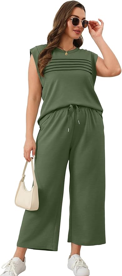 WIHOLL 2 Piece Sets for Women Summer Lounge Sets Travel Vacation Outfits Cap Sleeve Sweatsuit Side Slit Wide Leg Pants S-3XL