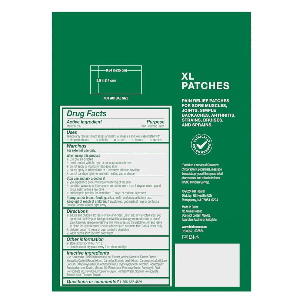 Biofreeze XL Pain Relief Patch, Menthol Pain Patches for Lower Back Pain Relief, XL Patches Ideal for Back & Shoulder, Comfortable & Flexible Fabric Stays, FSA Eligible, 4 ct - Pack of 2