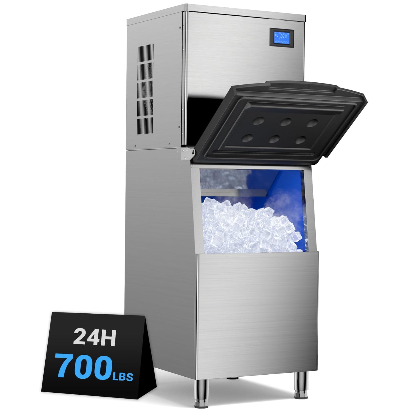 Commercial Ice Machine 700LBS/24H,Storage 560LBS,Large Industrial Ice Maker,Ice Ready in 5-15min,with Self-Cleaning Mode,with Timing Function,10 Levels of Ice Thickness Adjustment,Stainless Steel