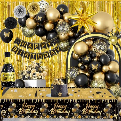Black and Gold Birthday Decorations for Men Boy, 100pcs Black and Gold Party Decorations with Happy Birthday Banner, Ballo...
