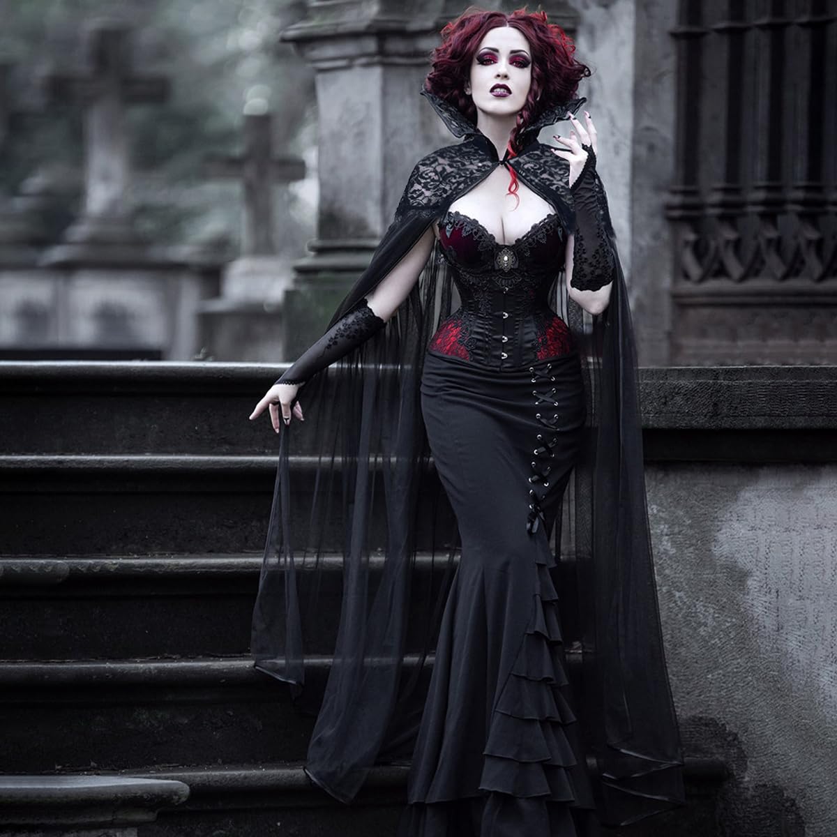 L'VOW Black Vampire Cloak Stand-up Lace Collar Cape Gothic Tulle Witches Cape for Womeen Halloween