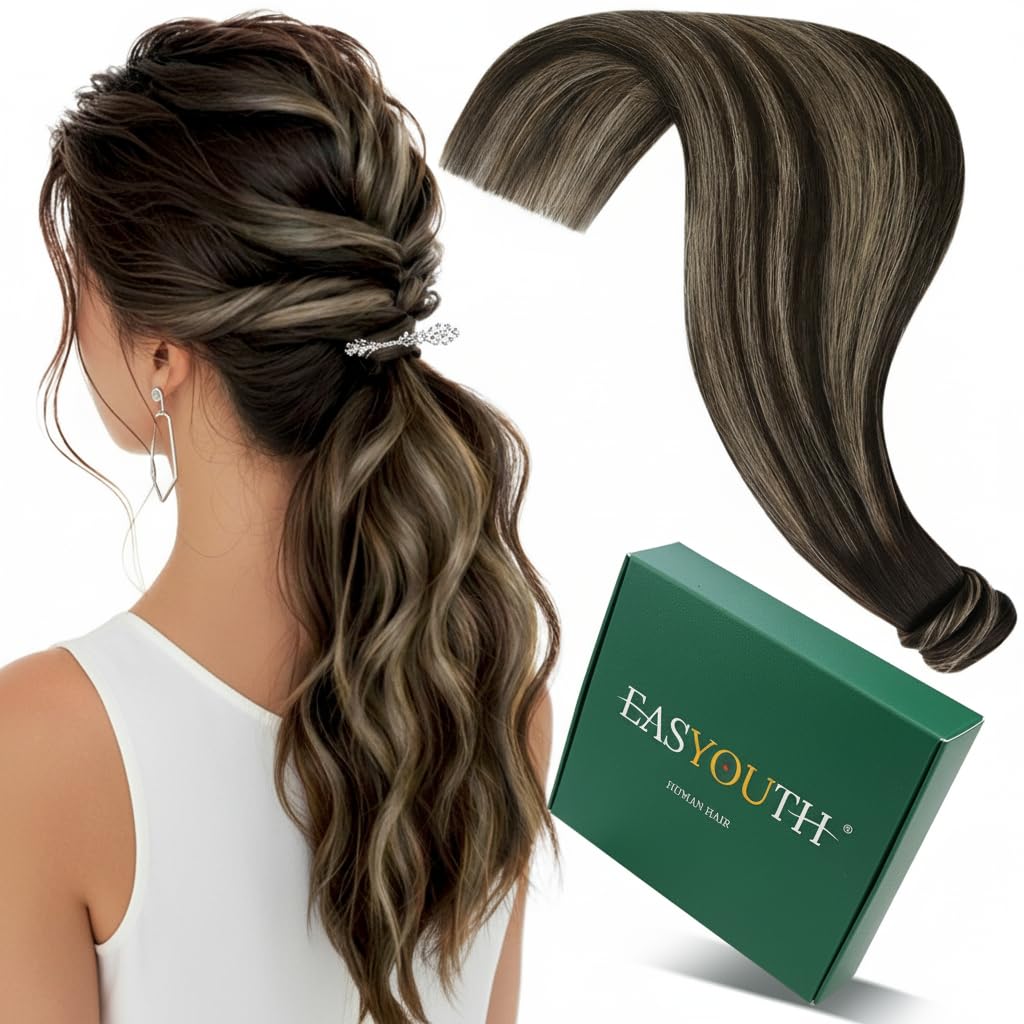 Easyouth Pony Tails Hair Extensions Human Hair Natural Ponytail Extension Human Hair Dark Brown Balayage Light Brown Hair Ponyta