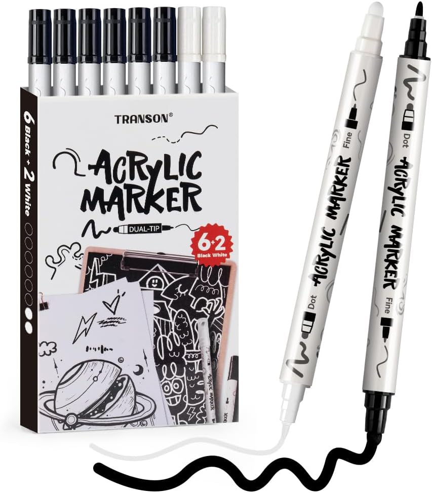 TRANSON 6 Black and 2 White Paint Markers Bold and Fine Dual-tip Acrylic Paint Marker for Rock Glass Canvas Wood Leather Ceramic DIY Painting