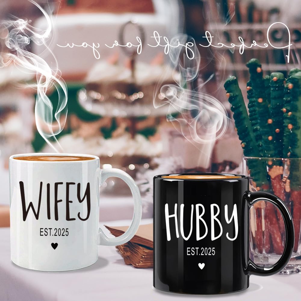 FALJIOK Est 2025 Hubby & Wifey Coffee Mug Set, Wedding Mug Gifts for Couple, Bride Groom Mug Set, Novelty Couples Coffee Mug Set, Mr and Mrs Mugs, Mr & Mrs Bridal Shower Gift, Wedding Gifts