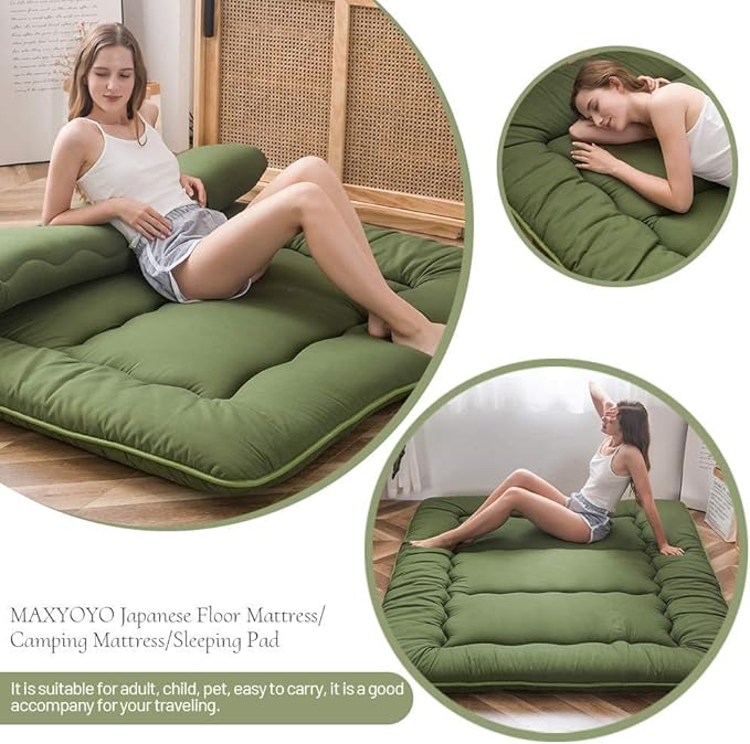 MAXYOYO Japanese Floor Mattress Futon Mattress, Thicken Sleeping Pad Foldable Roll Up Floor Futon for Adults Tatami Mat Dormitory Bed Lounger, Green, Full Size