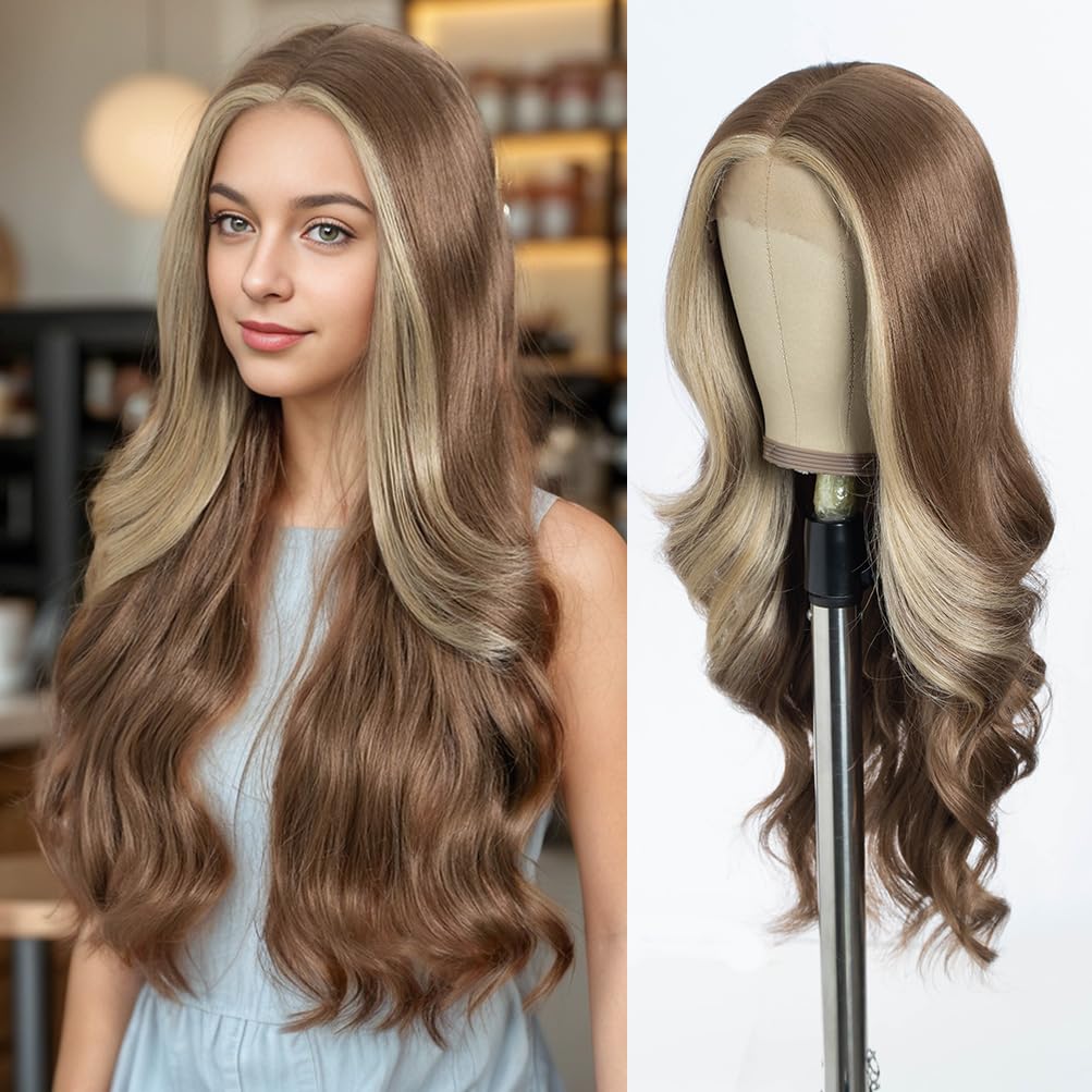 Style Icon HD Lace Front Wig 26 Inch Long Body Wave Wigs Highlight Beige Brown Color Synthetic Fiber Pre Plucked Baby Hair Centr