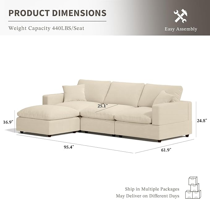 Cloud Couch Modular Sectional Sofa, 95.4" 4-Seater L Shaped Sectional Couches for Living Room, Convertible Cloud Sofa with Ottoman, Down Filled Wide & Deep Seat, Removable Washable Cushion Covers
