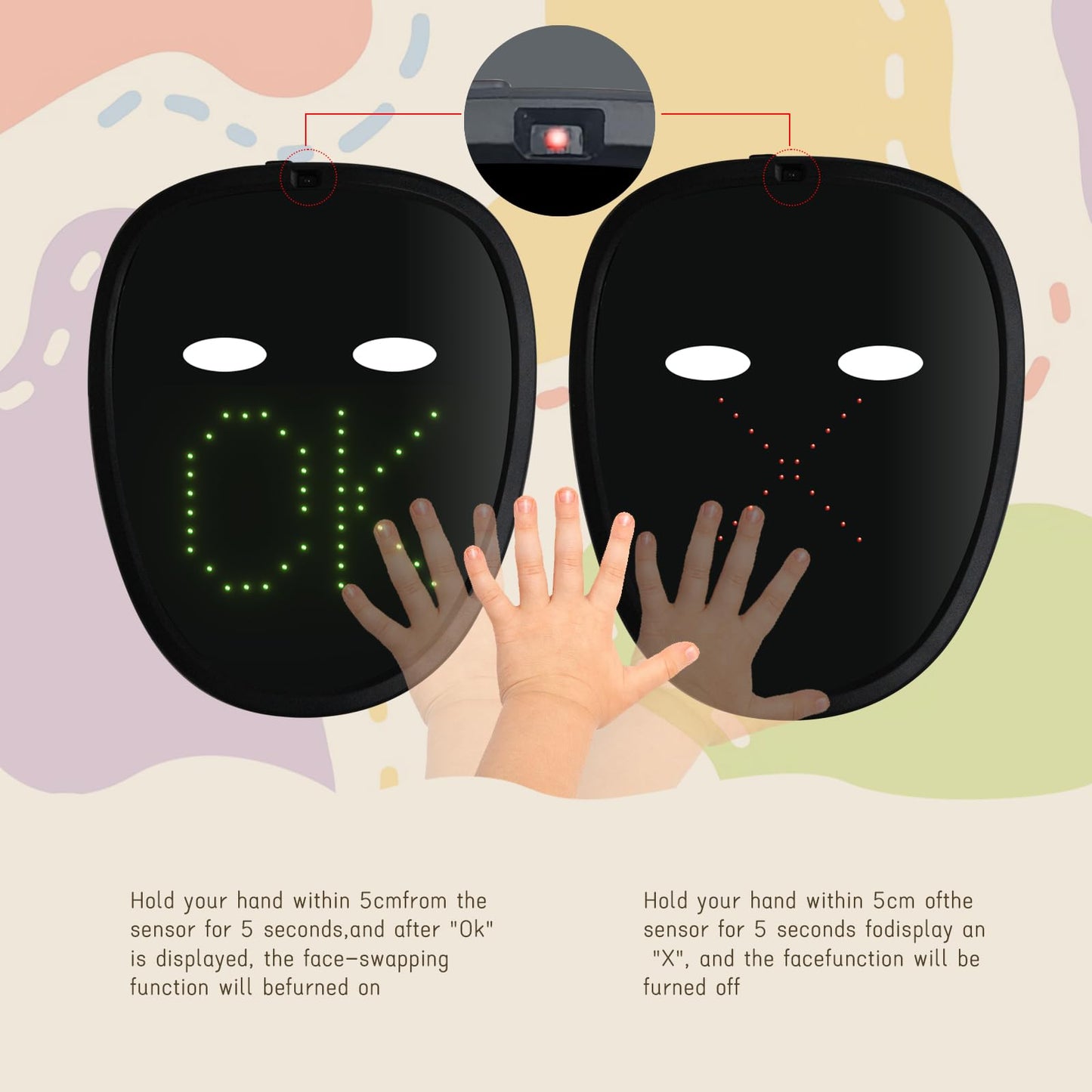 LED Mask with Gesture Control, Perfect for Party Cosplay Party, Masquerade Balls, Holiday Dress-Up, and Atmosphere Adjustment.