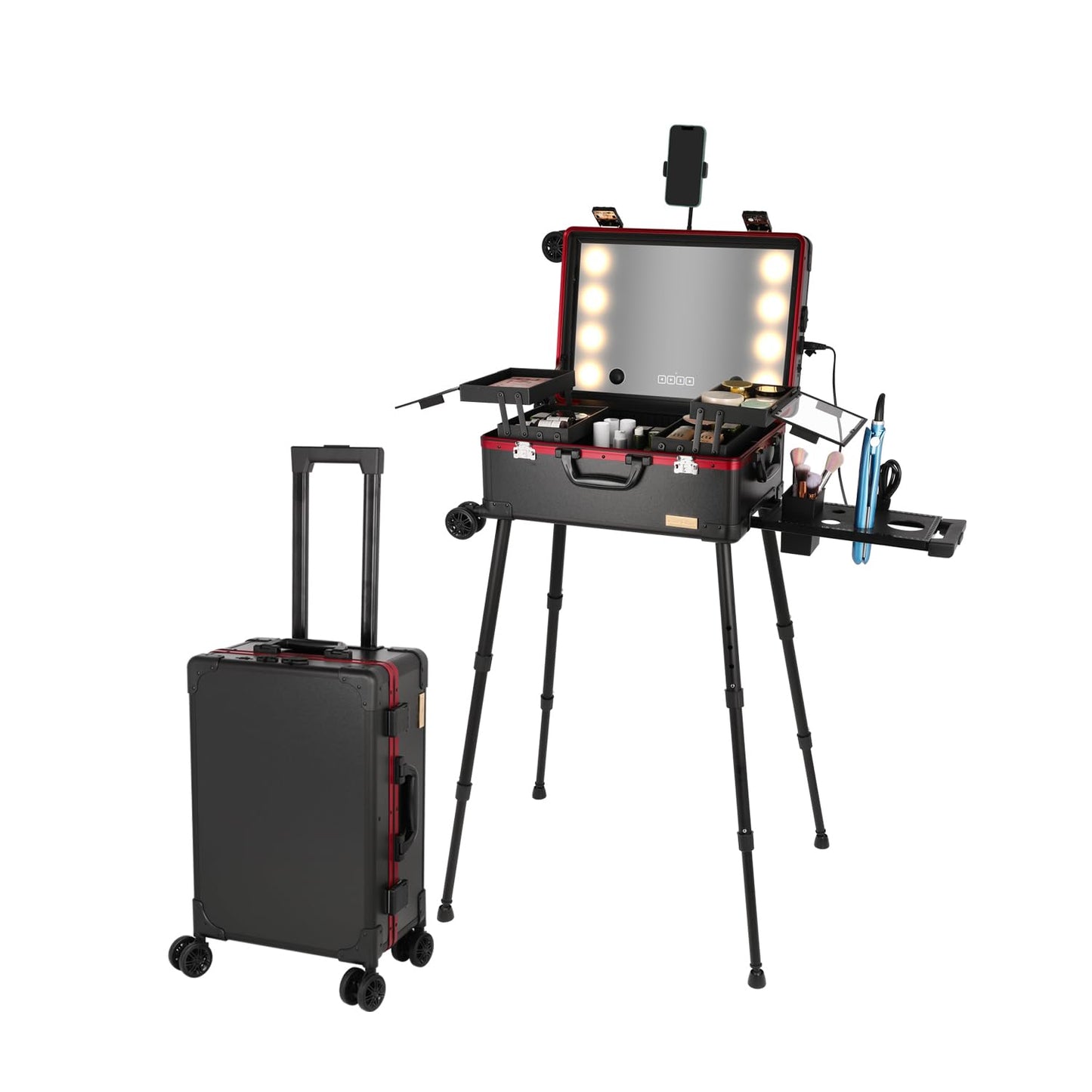 Tense Edano 20" Aluminum Ligthed Makeup Train Case with LED Lights Professional Cosmetic Organizer Studio with Speaker, Wheels and Stands Rolling Trolley Makeup Vanity Station for Travel (Black)