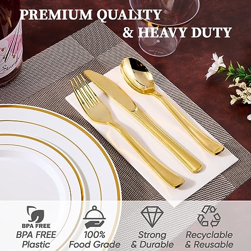 FOCUSLINE 600 Ct Gold Dinnerware Set for 100 Guests - Gold Rimmed Disposable Plastic Plates, Includes 100 Dinner & Salad P...