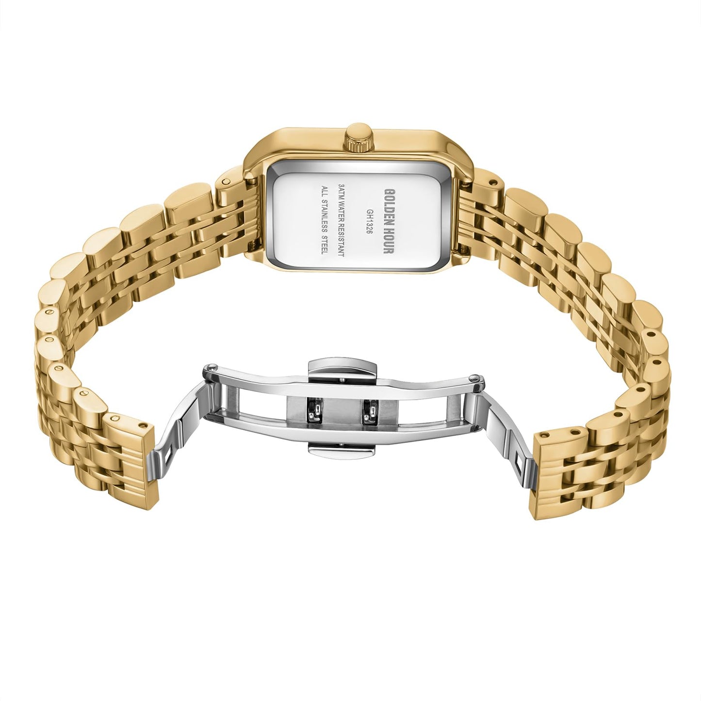 GOLDEN HOUR Women's Rectangular Quartz Watch, Gold Tone Stainless Steel Band, Gold Dial
