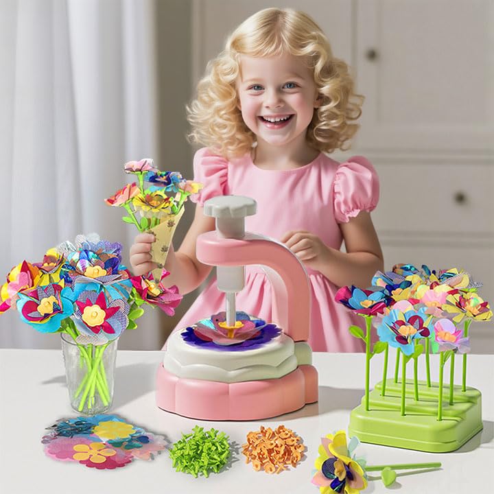 Dikopubby DIY Flower Craft Kit for Kids, Fabric Flower Bouquet Making Kit Arts & Crafts Toys for Girls Ages 3 4 5 6, Creative Birthday Gifts Flower Market Pretend Play Toy
