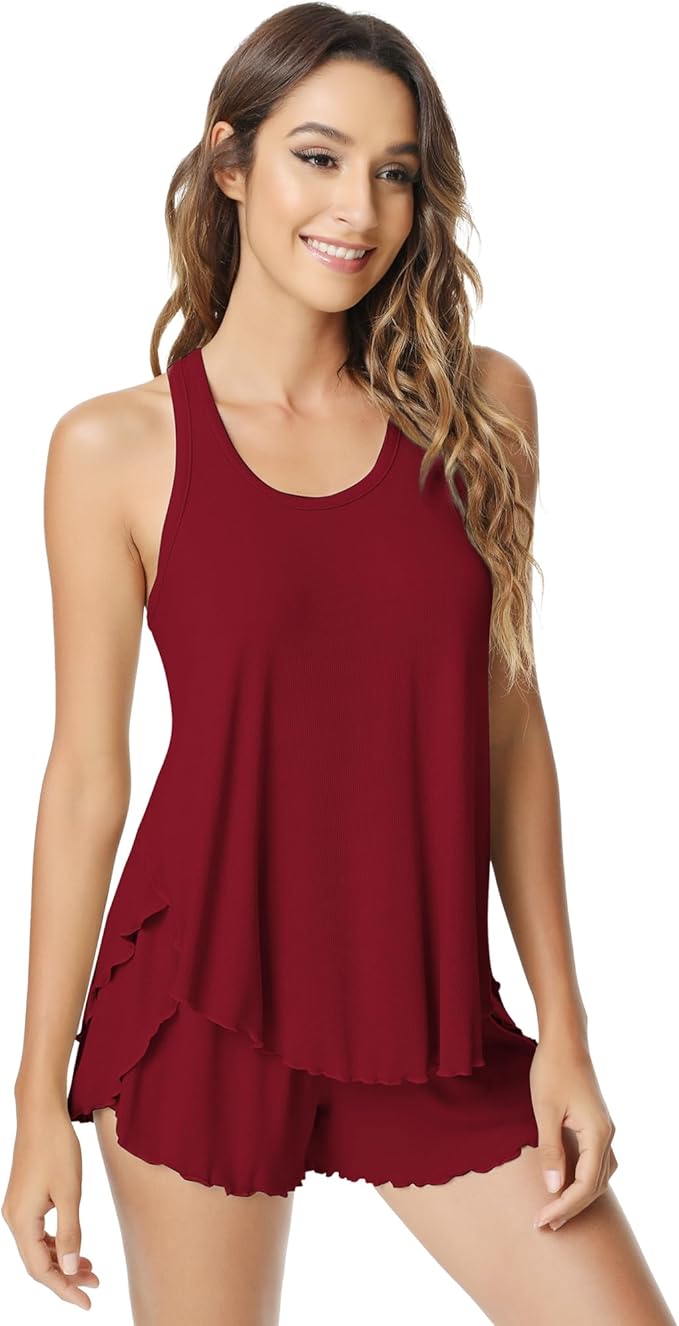 NACHILA Pajamas for Women-Viscose from Bamboo, Ribbed Racerback Tank Top Sexy Split Shorts Pajama Sets Cooling Sleep Cami Pjs