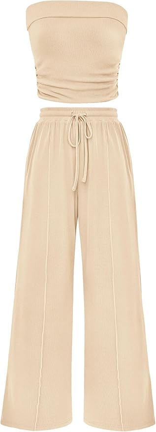 PRETTYGARDEN Womens Summer Outfits 2 Piece Sets Casual Ribbed Knit Crop Tube Top Wide Leg Pants Spring Matching Lounge Set