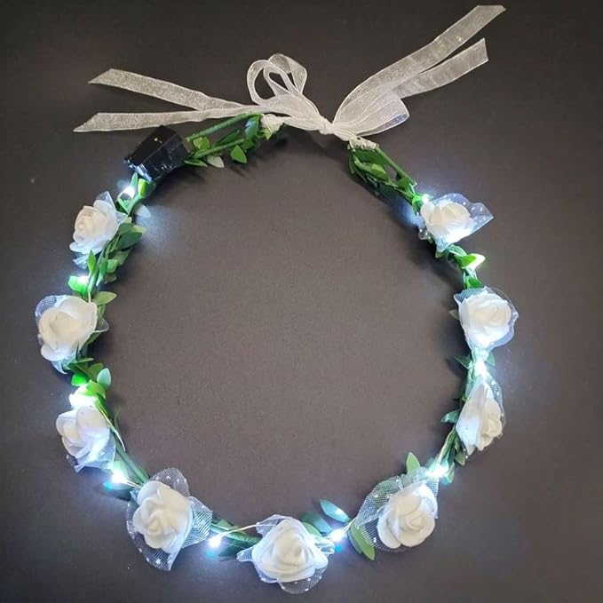 YuanHolumid White Vintage LED Flower Crown, Glow Flower Wreath Headbands Luminous Led Bridal Headpiece Wedding Headdress H...